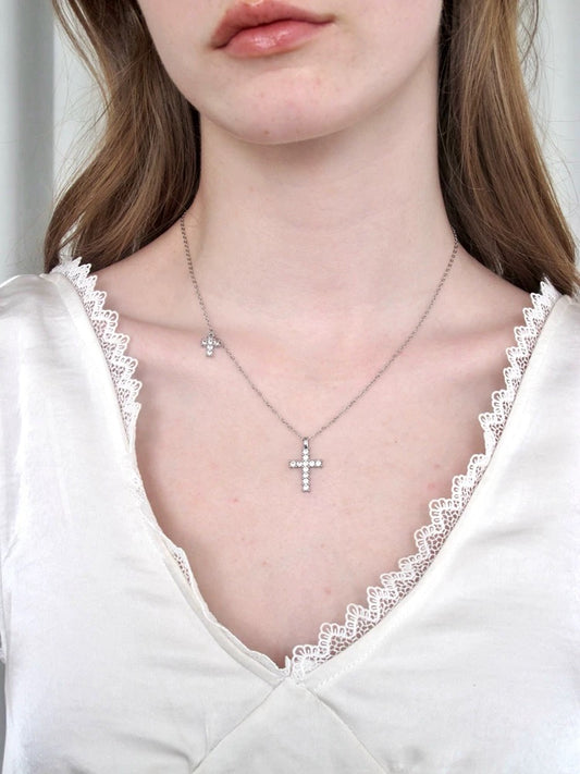 twin cross milky silver necklace  [ID: not1239]