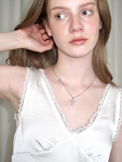twin cross milky silver necklace  [ID: not1239]