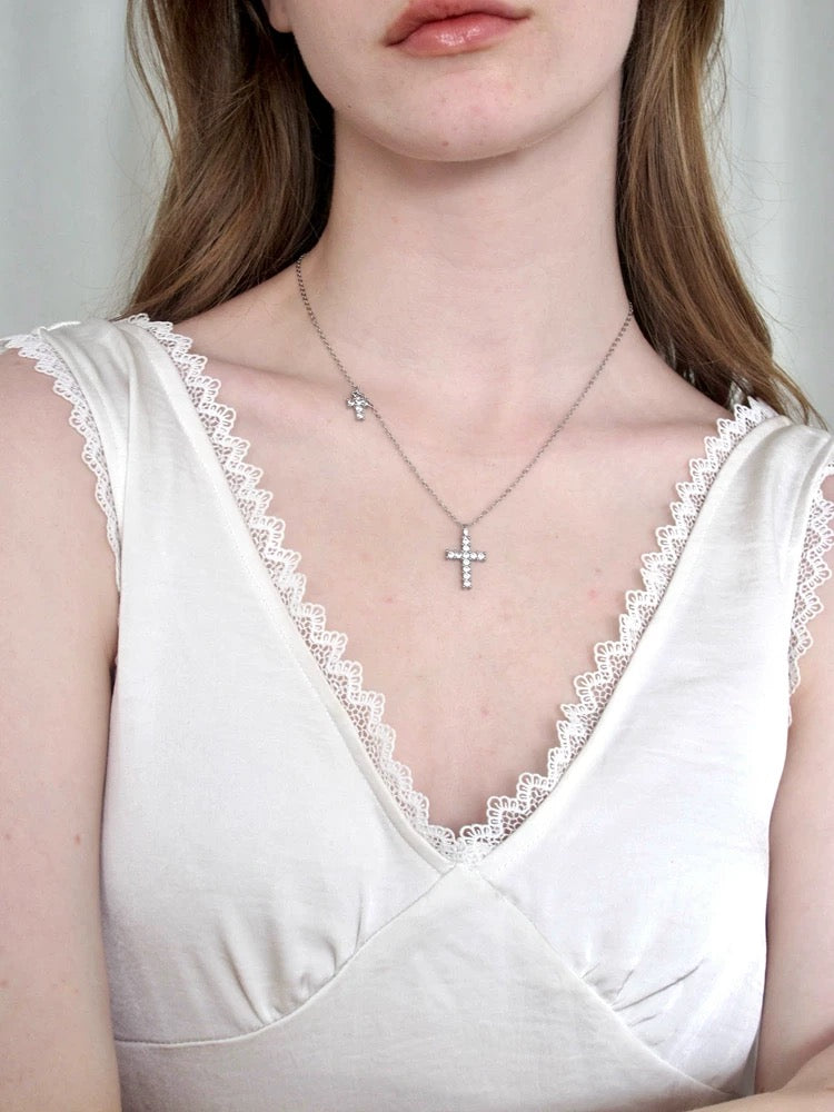 twin cross milky silver necklace  [ID: not1239]