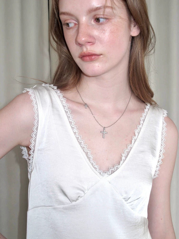 twin cross milky silver necklace  [ID: not1239]