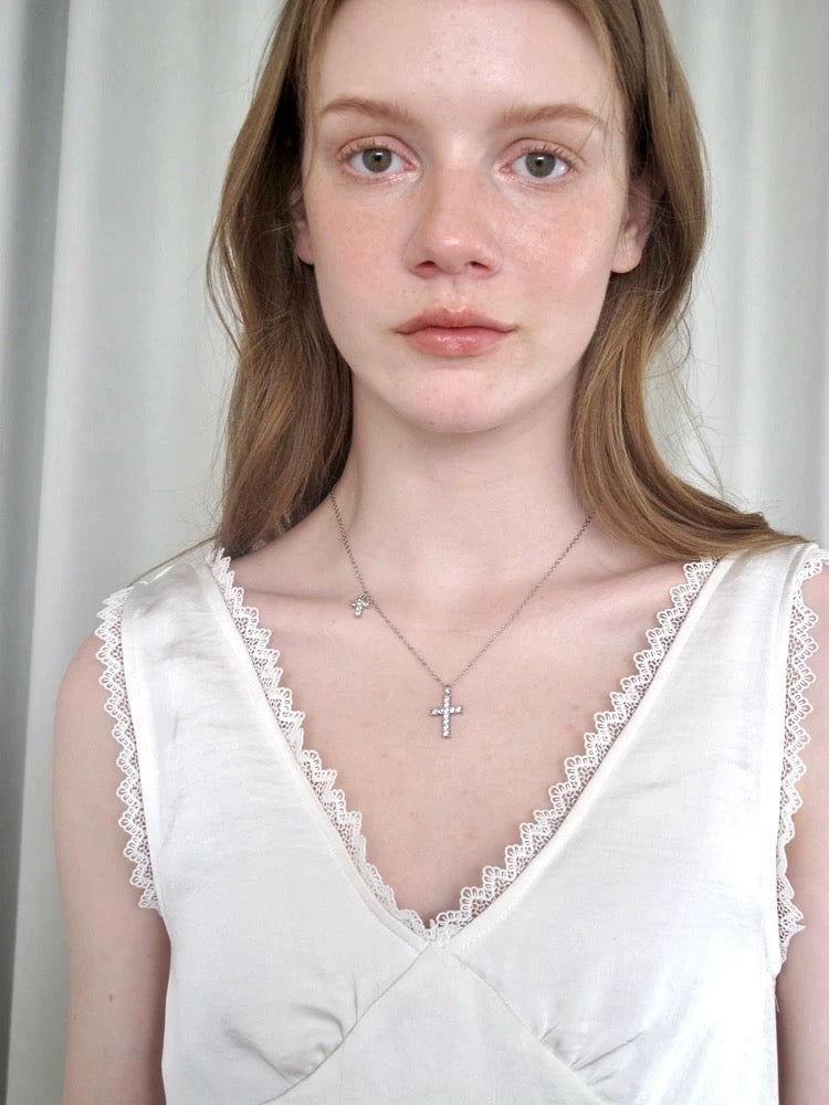twin cross milky silver necklace  [ID: not1239]