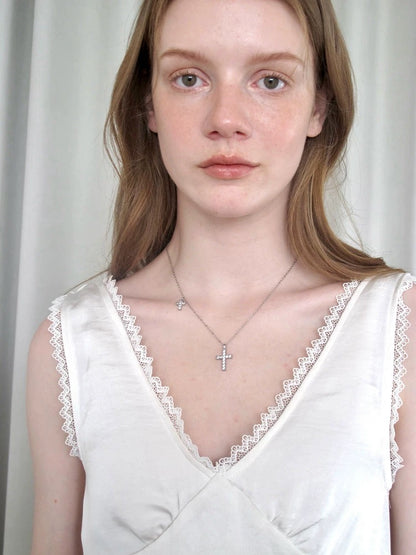 twin cross milky silver necklace  [ID: not1239]